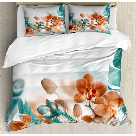 Tropical Duvet Cover Set, Exotic Orchids Blossom Leaves on Blurred Background Floral Themed Modern Art, Decorative 3 Piece Bedding Set with 2 Pillow Shams, Calking Size, Orange and Teal, by Ambesonne