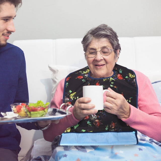 Babero Impermeable para adultos a la Hora de Comer, Protector de Ropa de Comedor Para Ancianos de Doble Capa Azul Con Diseño de Cierre A Presión, Ideal para Postrados en Cama,