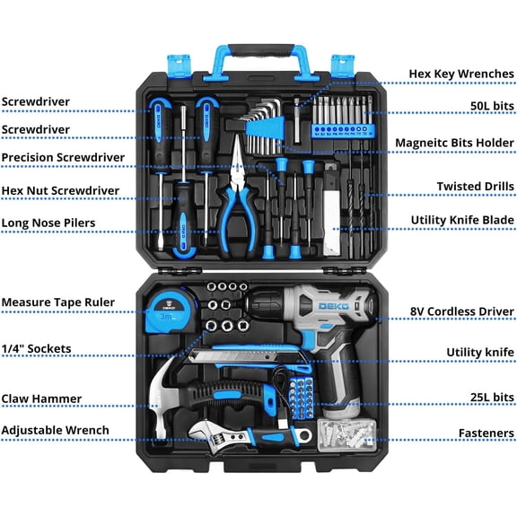 Drill Set: Tool Set with 8V Blue Cordless Drill, Home Tool Kit with Drill, Hand Tool Kits for Men & Women 126 Piece