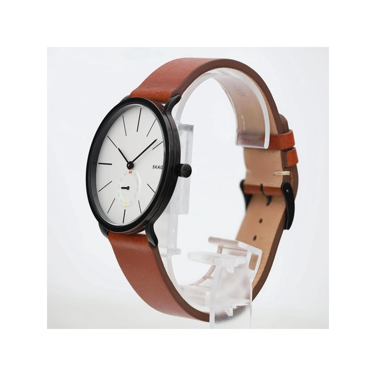 Skagen Hagen Black Steel White Dial Brown Leather Strap Men  display picture 1