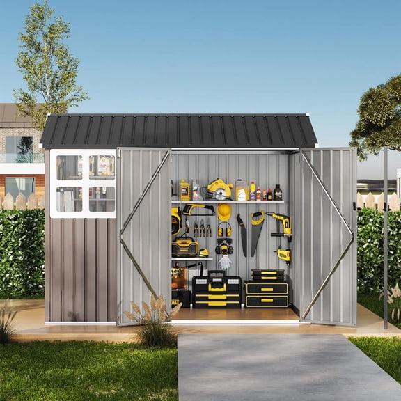EastVita 8 x 6 ft Outdoor Metal Storage Shed with Windows and Lockable Doors Heavy-Duty Garden Tool Shed Brown