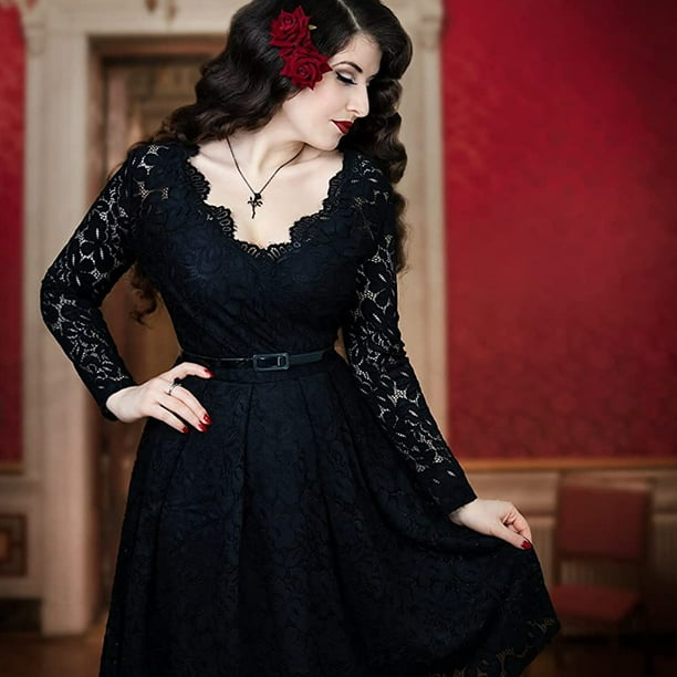 Encaje Vestido Negro Con Vuelo Vestido De Cóctel Formal Con Escote