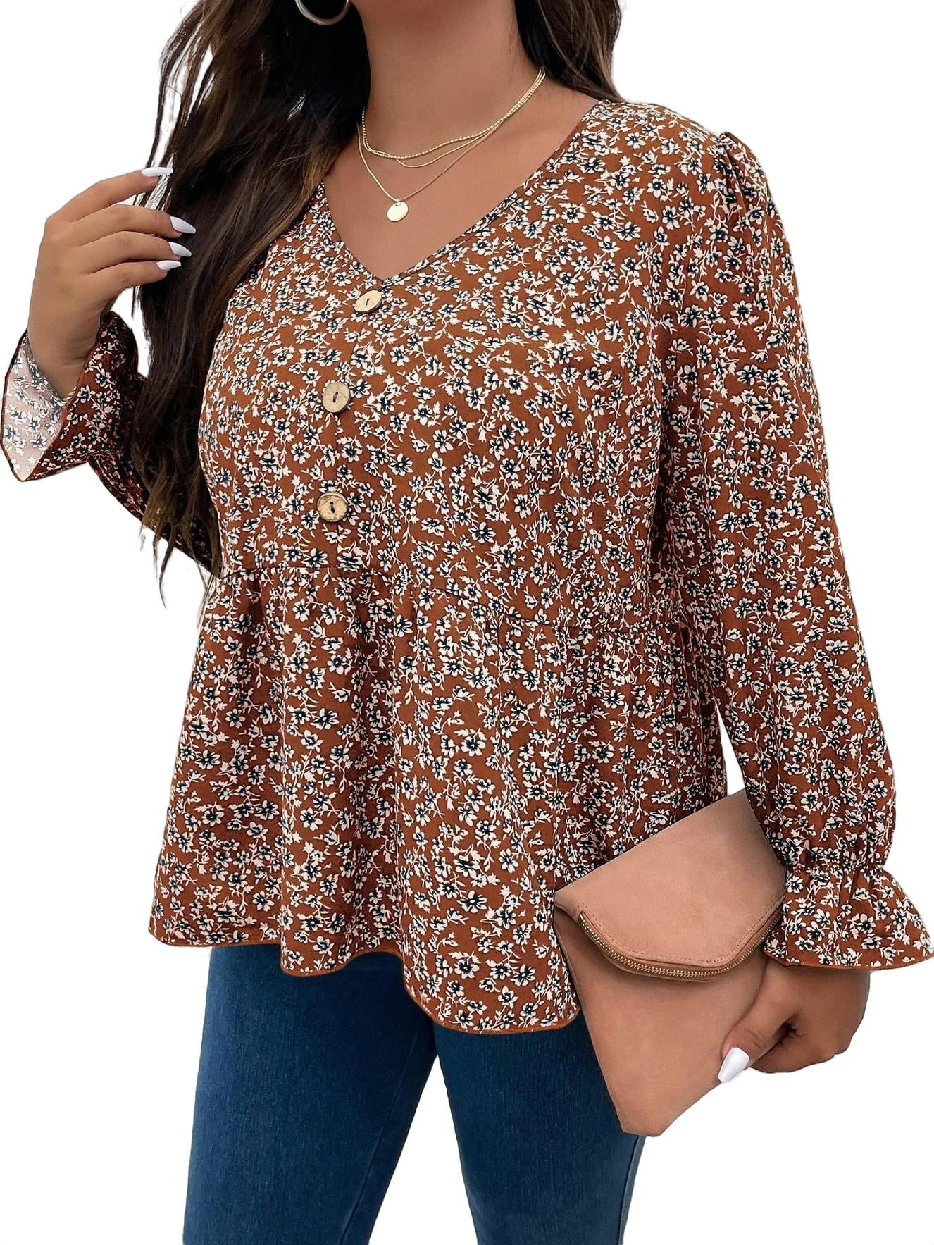 Womens Tops Ditsy Floral Print Flounce Sleeve Blouse