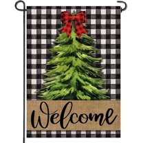 Welcome Christmas Pine Tree Home Decorative Garden Flag, Xmas Yard Lawn Buffalo Plaid Check Outside Decor, Winter Farmhouse Outdoor Small Burlap Decoration Double Sided 12.5 x 18