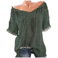 thumbnail image 2 of Jerdar Women's Off-the-Shoulder Drawstring Neck Blouse Short Sleeve Lace Trim Loose Linen Casual Top XL, 2 of 6