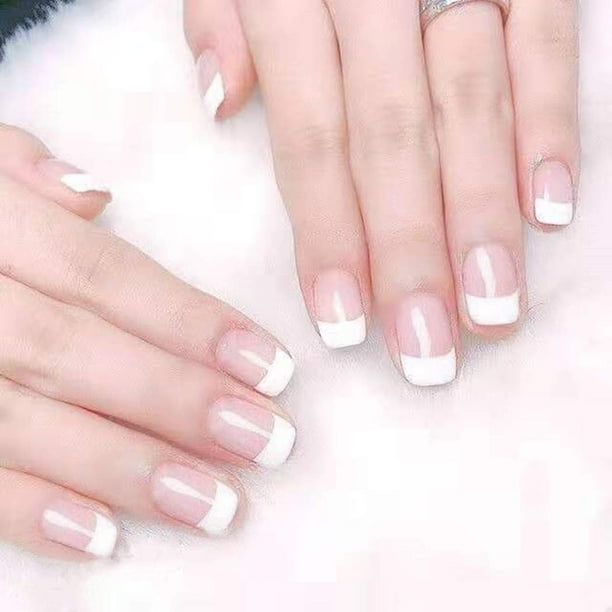 French Nails Short Square Press On Nails Full Cover Acrylic Nails False Nails For Women And Girls 24pcs Walmart Com Walmart Com