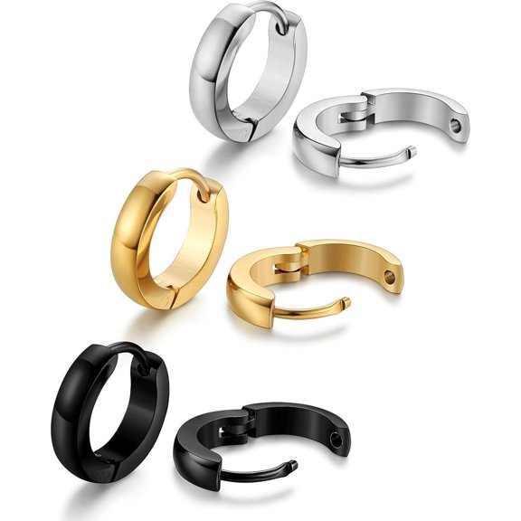 3 Pairs Hypoallergenic Small Hoop Earrings for Men Women 316L Surgical Stainless Steel Gold/Silver/Black Hoop Earrings for Sensitive Ears Mens Hoop Huggie Earrings Ear Piercing Jewelry Set 12mm