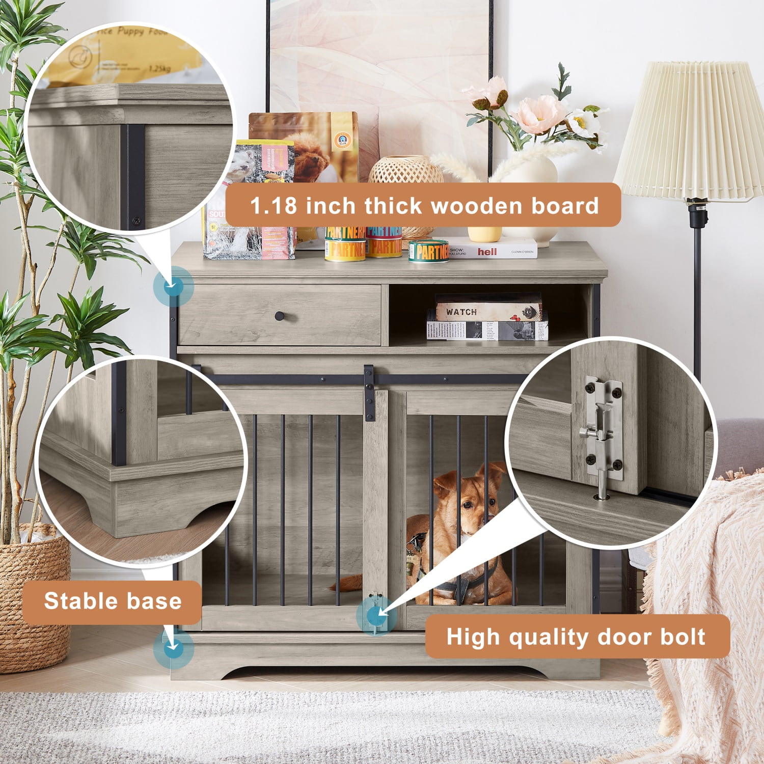 Pefilos 35" Wooden Dog Kennel End Table with Drawers and Sliding Door Dog Crate, Furniture Style Dog Crate, Gray Pefilos 35" Wooden Dog Kennel End Table with Drawers and Sliding Door Dog Crate, Furniture Style Dog Crate, Gray