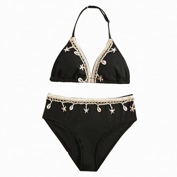 Zanarzt Teen Bathing Suits Girls Swimsuit Bikini Set Solid Color V-Neck Two Piece Bathing Suit with Chest Pad Swimwear 9-10 Years,Black