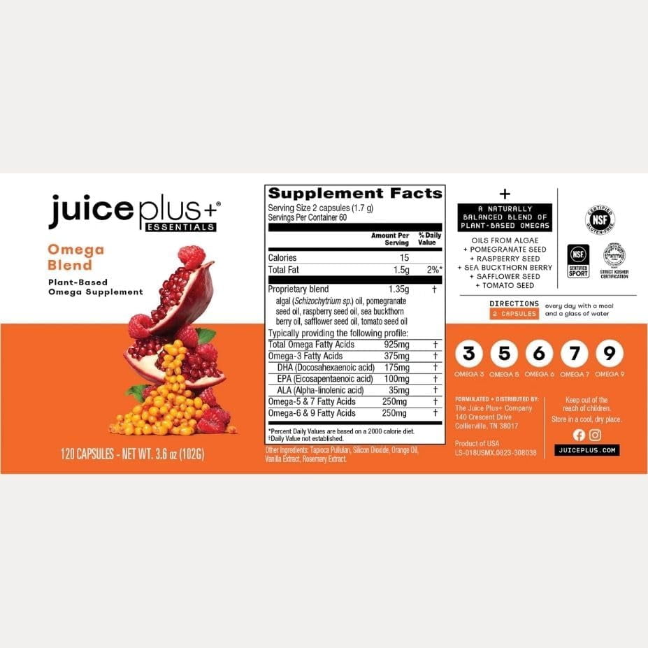 Juice Plus+ Omega Blend - Vegan, Fish-Less, No Aftertaste - Omega 3, 5, 6, 7 & 9 Fatty Acids from Algae & Seeds - DHA, ALA & EPA for Brain & Vision - 1 Bottle (60 Servings)