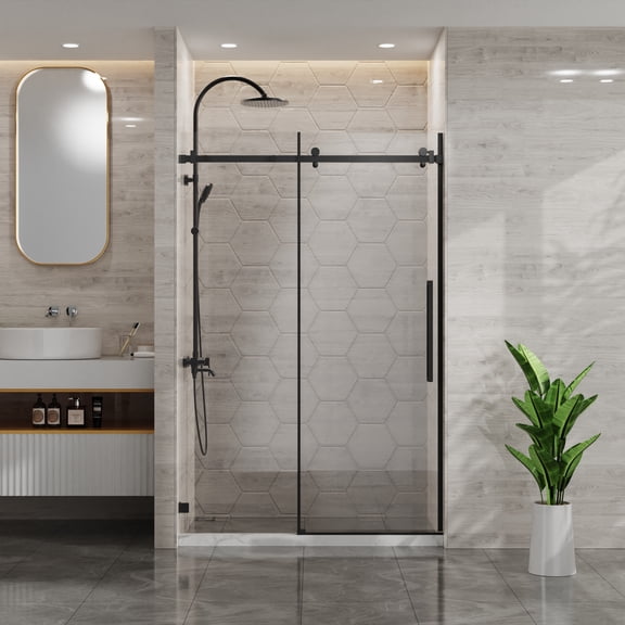 44-48"W x 72"H Frameless Sliding Shower Door, 1/4"(6mm) Glass, Black, Adjustable