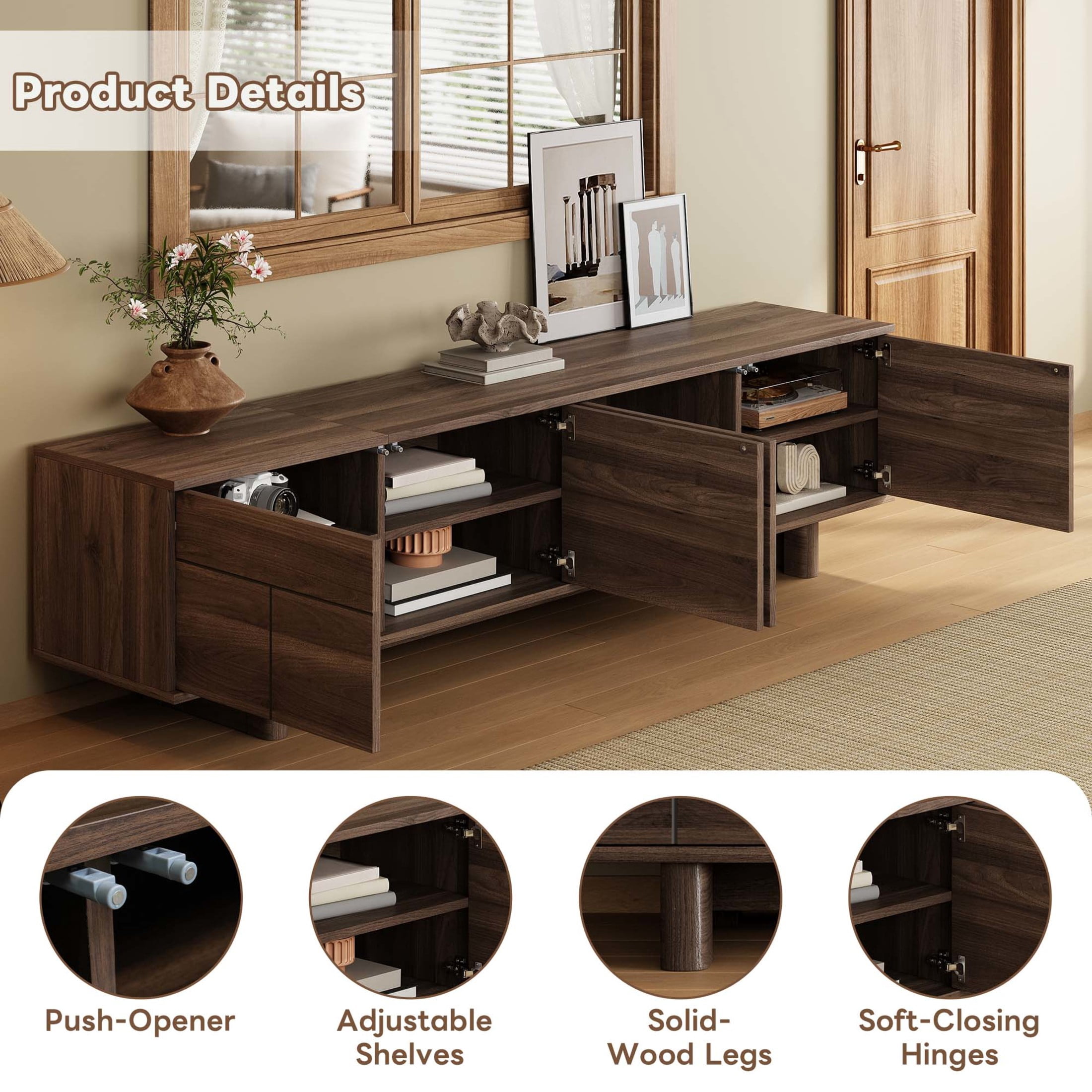 Noble House Modern TV Stand for TVs up to 85" with Push-Open Storage, Adjustable Shelves, Dark Brown