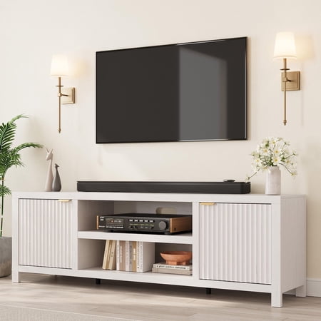 GOCAPTAIN Modern Fluted TV Stand for TVs up to 80", Home Entertainment Center with Storage & Adjustable Shelves for Living Room, Antique White