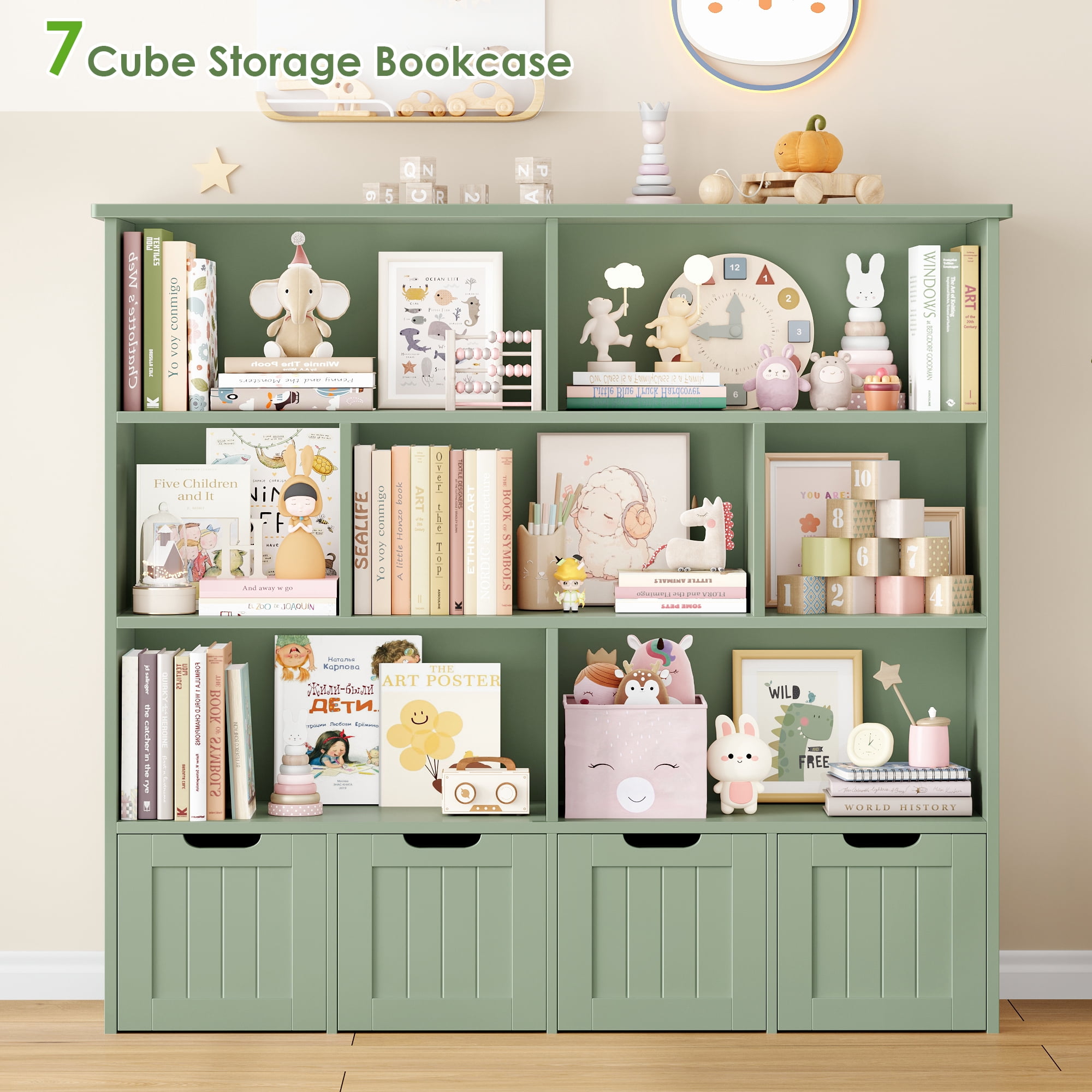 Homfa 7 Cube Toy Storage Organizer, Kids Geometric Bookcase and Bookshelf with 4 Drawers, Green