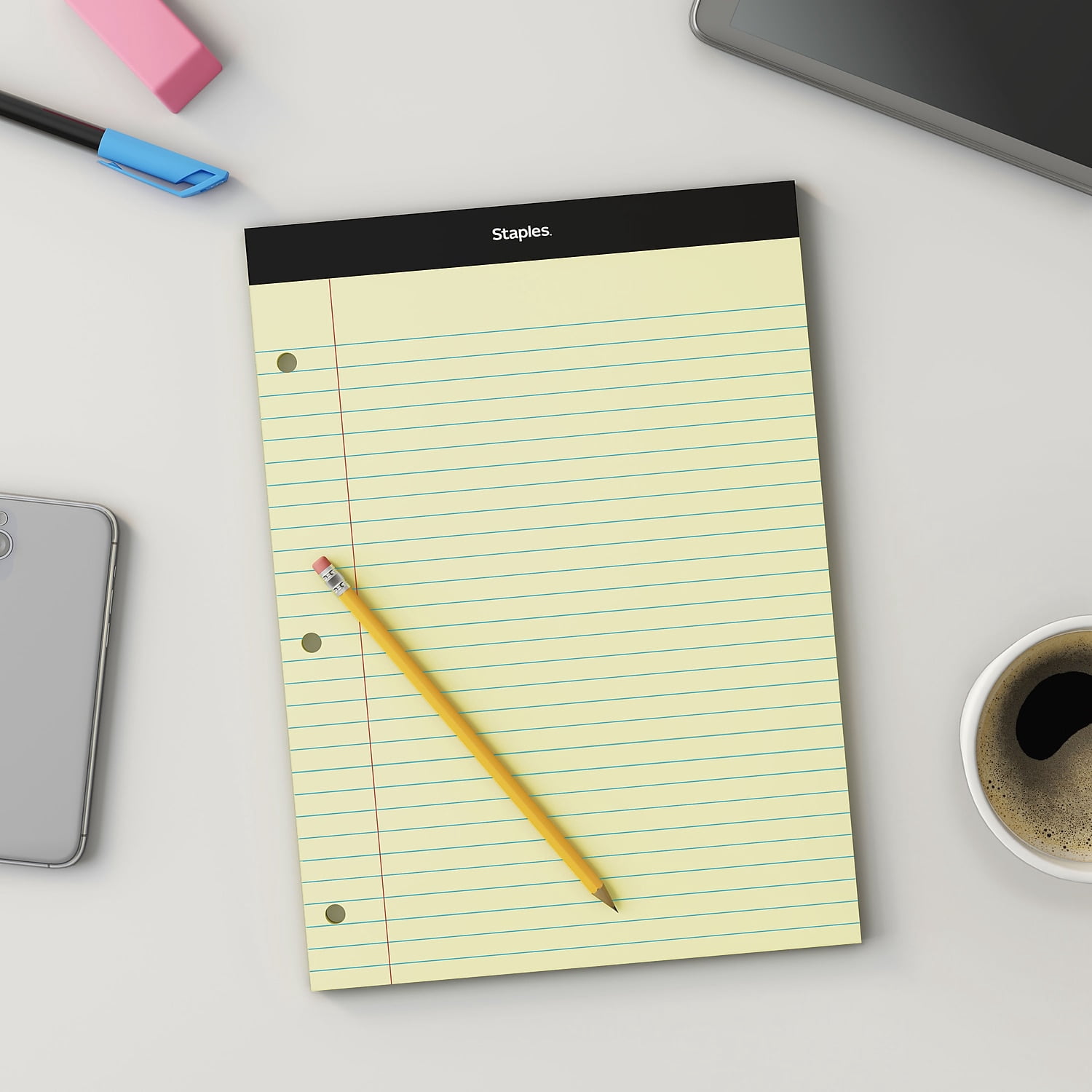 Staples Notepads 8.5" x 11.75" Wide Ruled Canary 12/Carton ST57349VS