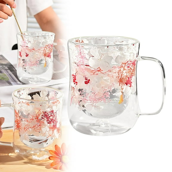 Double Walled Glass Coffee Mugs With Handle 300ML Clear Floral Glass For Cappuccino Latte Tea Bag Beverage Glasses Heat Coffee Cups/ Double-Layer Household Anti-Scalding Insulated Cup