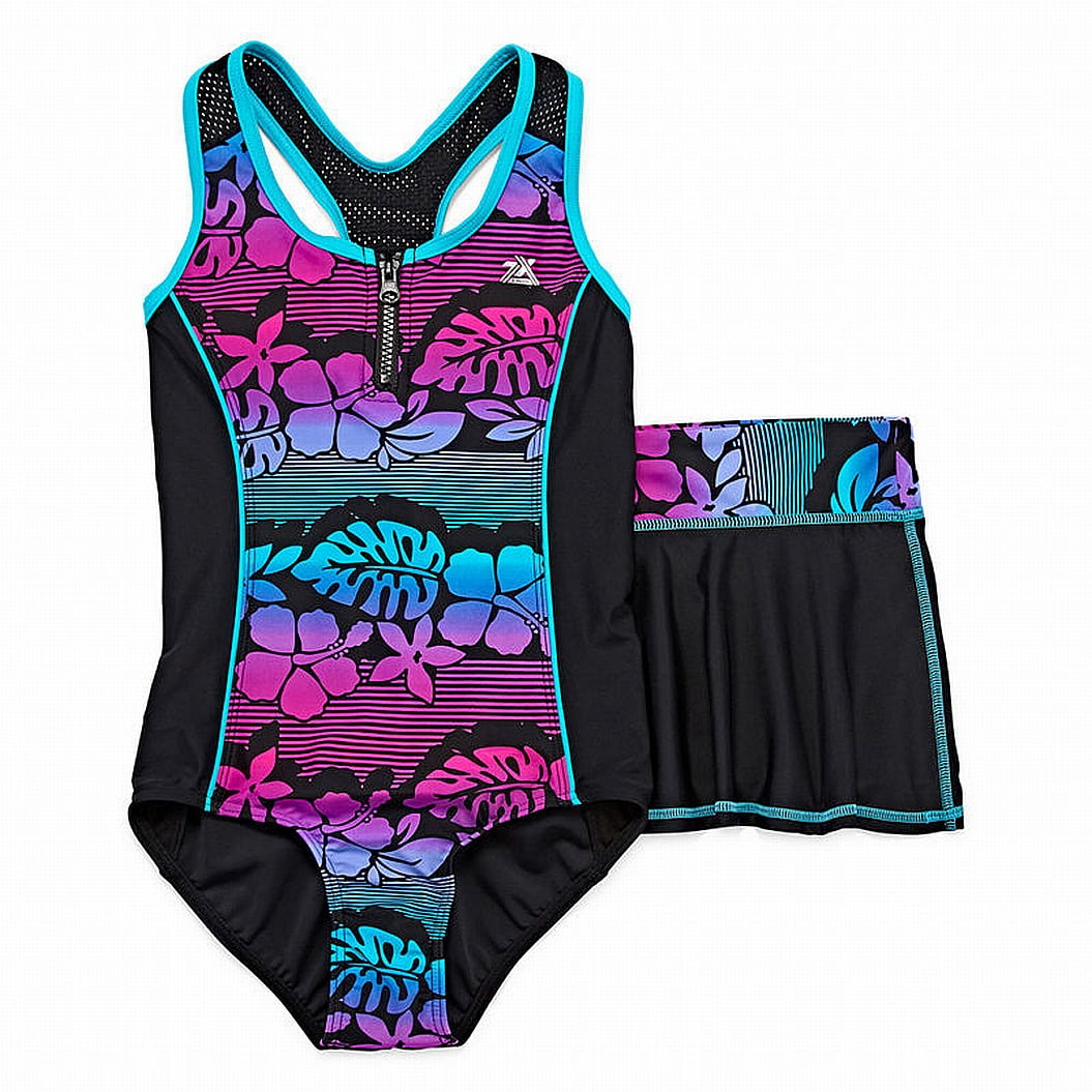 Zero Exposure Swimwear Girls Floral 2PC Swimsuit and Skirt 14 1/2