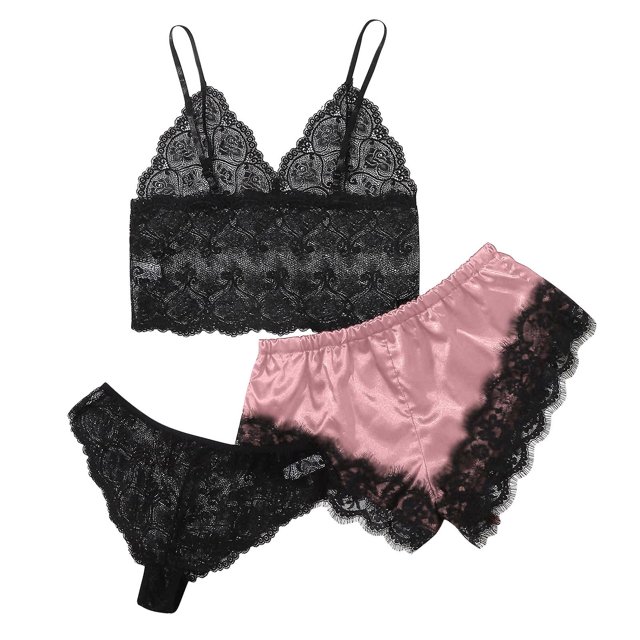 Conjunto de pijama HUOGUO para mujer, cuello en V, encaje y pestañas, sexy stain