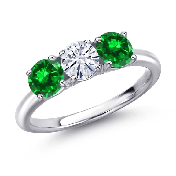 Gem Stone King 925 Sterling Silver White Moissanite and Green Created Emerald Engagement Ring for Women | 2.18 Cttw | Round 5MM | Gemstone Birthstone | Size 5