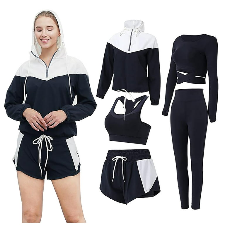 HAPIMO Women's 5 PCS Workout Sets Plus Size Yoga Clothing Suit Set  Tracksuit Running Winter Fitness Clothing Womens Bib Woman Rollbacks Black  M 