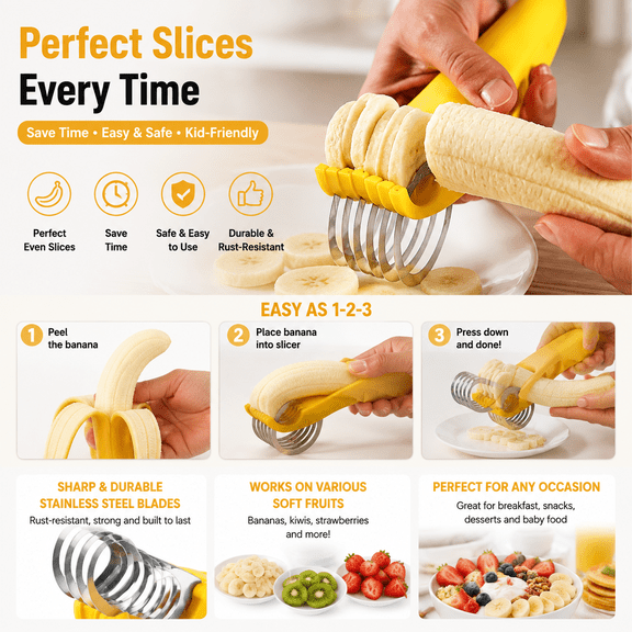 Banana Slicer, Banana Cutter Tool for Quick Fruit Slicing, One Press Kitchen Gadget for Easy Banana Cutting, Fruit Prep Tool for Yogurt, Smoothie Bowls, Oatmeal, Cereal, Desserts and Snacks