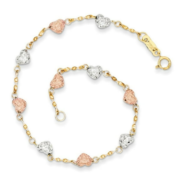 14k Tri Color Twisted Textured Polished Spring Ring Gold Puff Love Heart Bracelet - Link Bracelet for Women