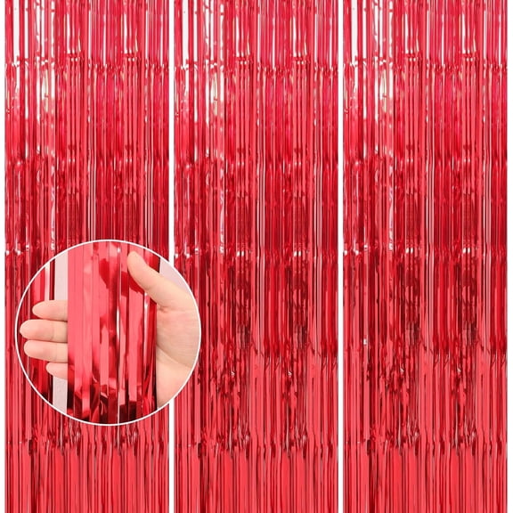 PandaTop 3 Pack 3.2 * 6.5 ft Foil Curtain Metallic Tinsel Fringe Curtains,Red Foil Fringe Curtain for Wedding Baby Birthday Party Christmas Day Gift Decoration (Red)