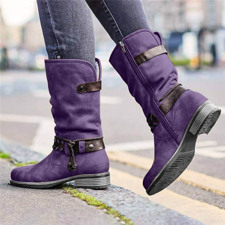 Women s Fashion Mid Up Boots Solid Color Squa Re Heel Zipper Casual Boots