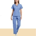 thumbnail image 3 of OGLCCG Women Scrubs Set V-Neck Stretch Short Sleeve Top & Cargo Jogger Pants Solid Color Nurse Work Medical Uniform Workwear,M,Light Blue, 3 of 3