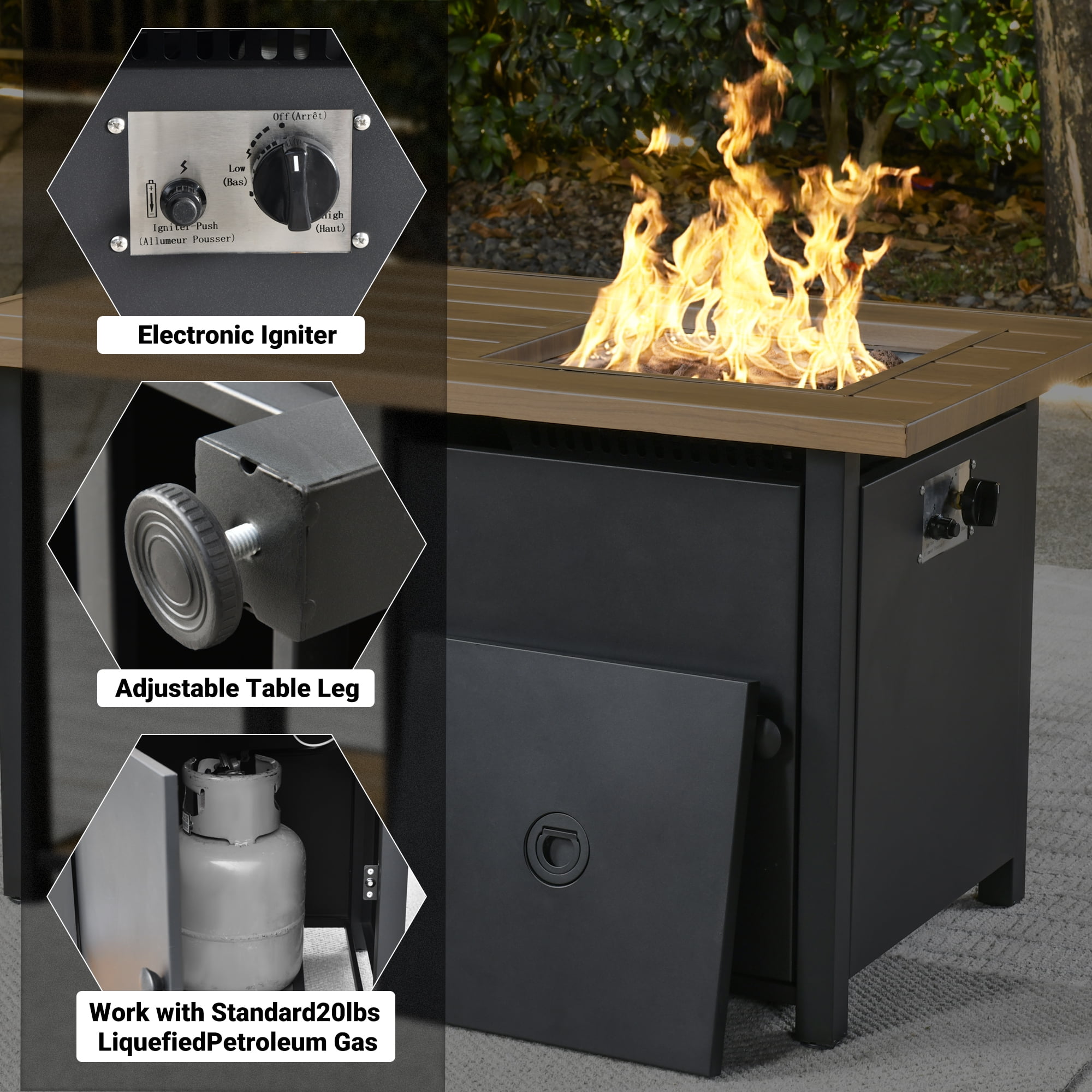 XIZZI Outdoor Gas Propane Fire Pit Table Smokeless Large Rectangle Stainless Steel Frame Fire Pit Table with Removable Lid and Lava Rock