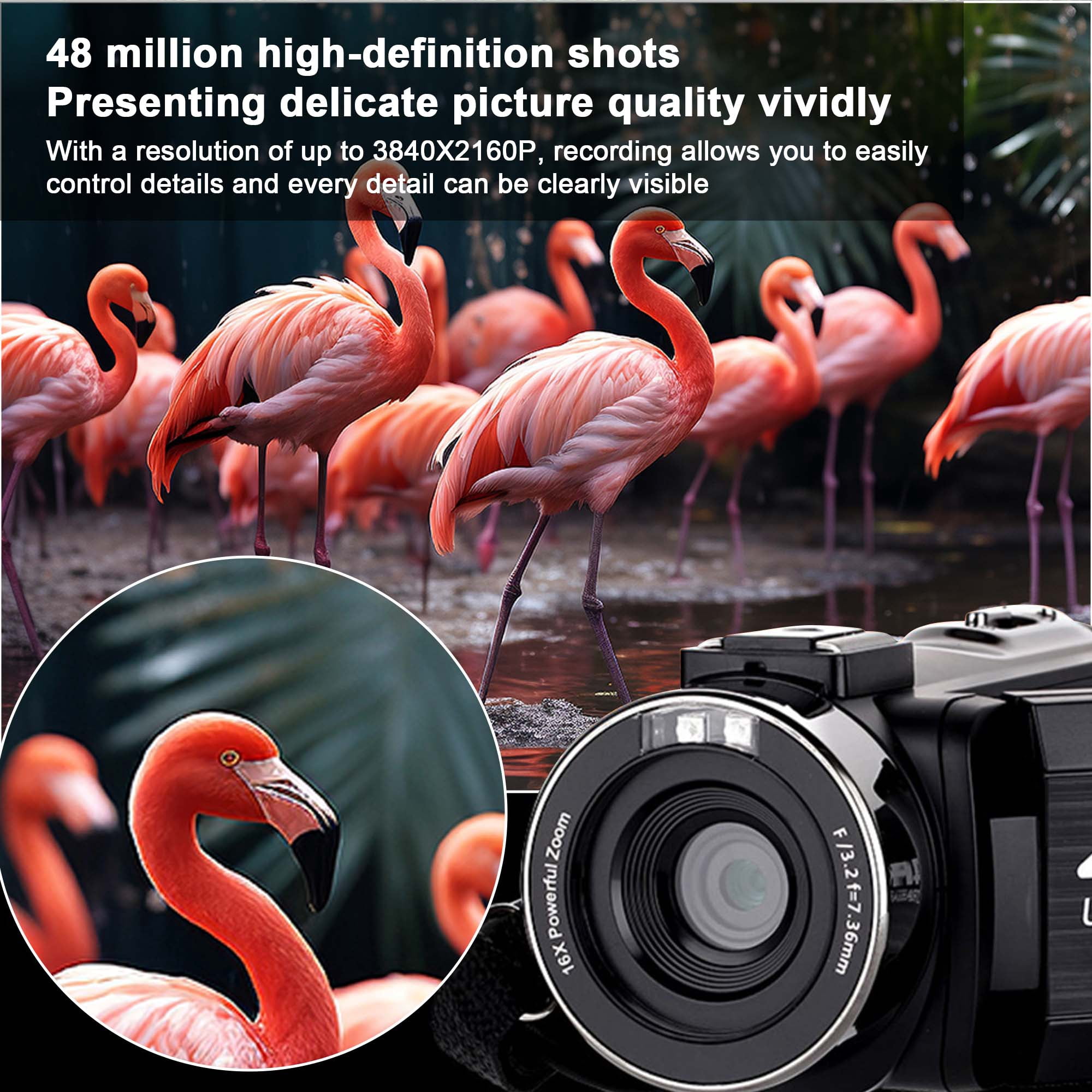 4K UHD vloging camera 18x Digital Zoom 48 MP Camcorder with 32GB TF Card, Black