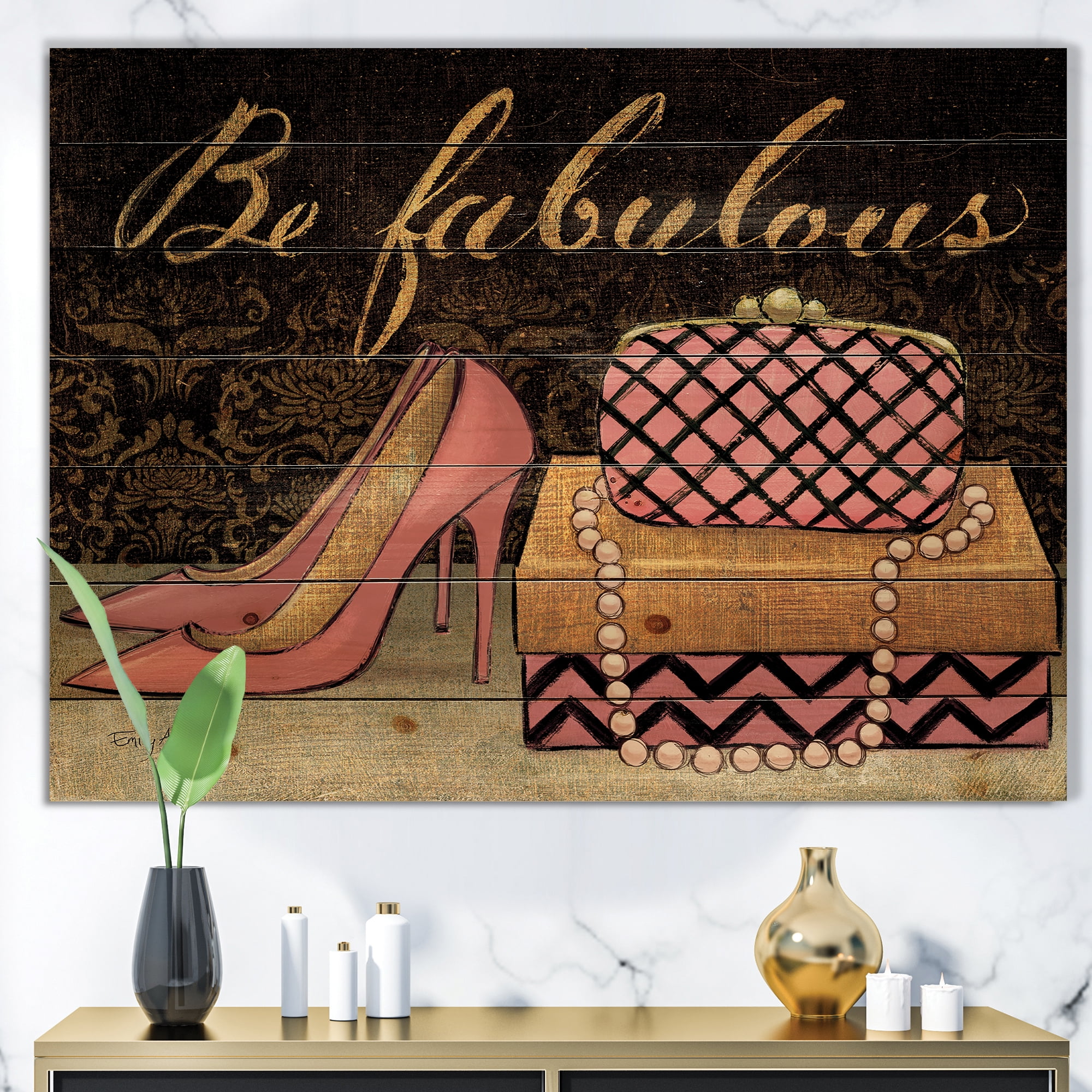 Designart 'Gold Fabulous Fashion Life Style III' Fashion Print on Natural Pine Wood