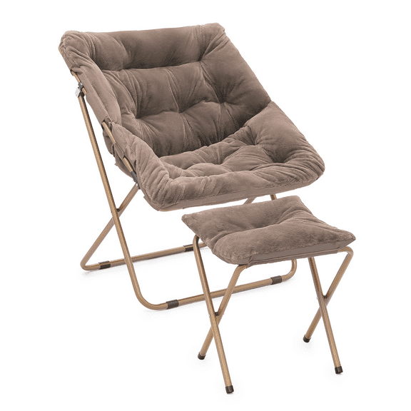 Cozy Chair Square Folding Faux Fur Saucer Chair for Bedroom Living Room Dorm Foldable Metal Frame Oversized Large Comfy Furry Padded Soft Cozy Moon Chair with Footrest Ottoman for Adults (Beige)