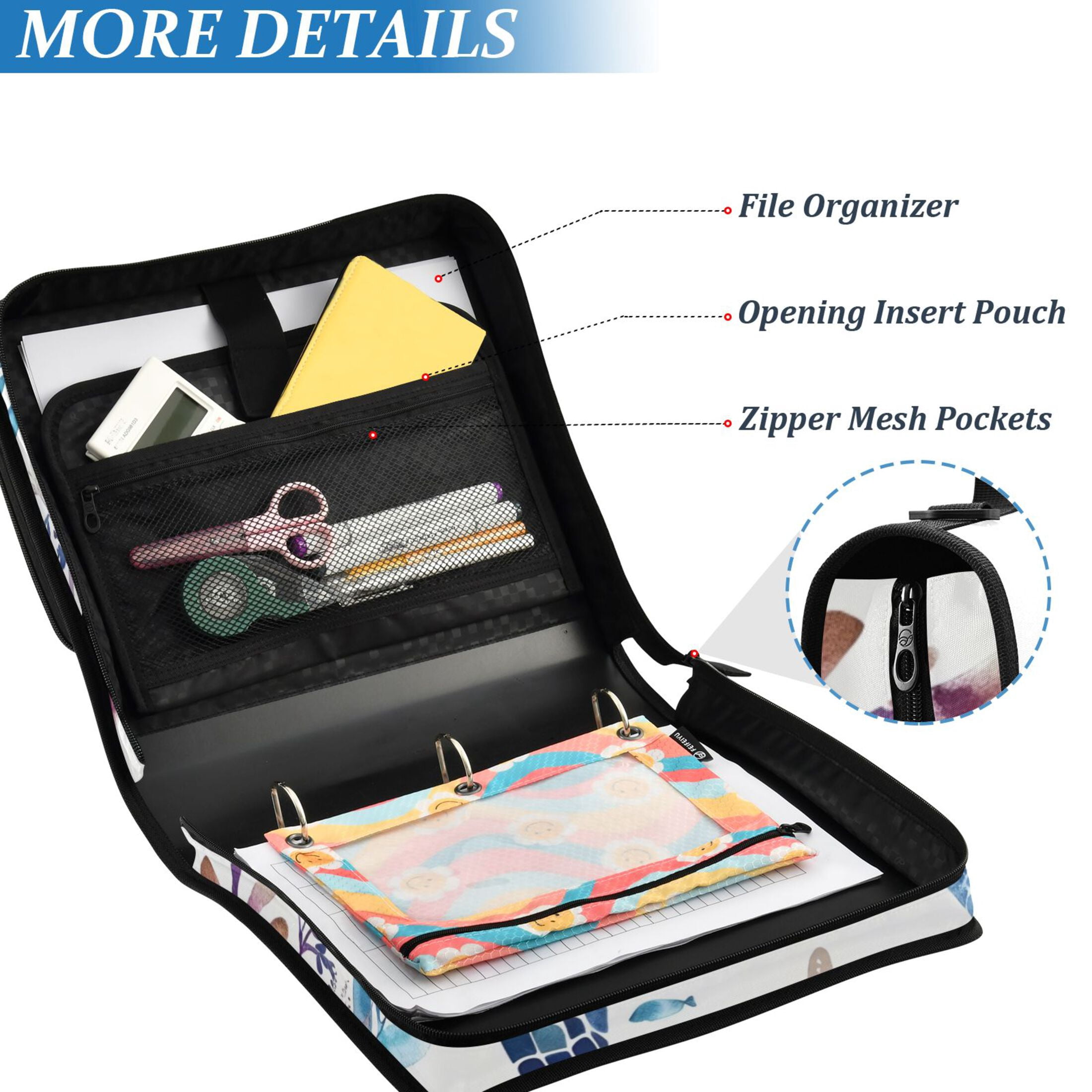 3 Ring Zipper Binder with Shoulder Strap Waterproof Trapper Keeper 2 Inch D-Ring 500 Sheets Capacity Turtle Fish Starfish Seaweed
