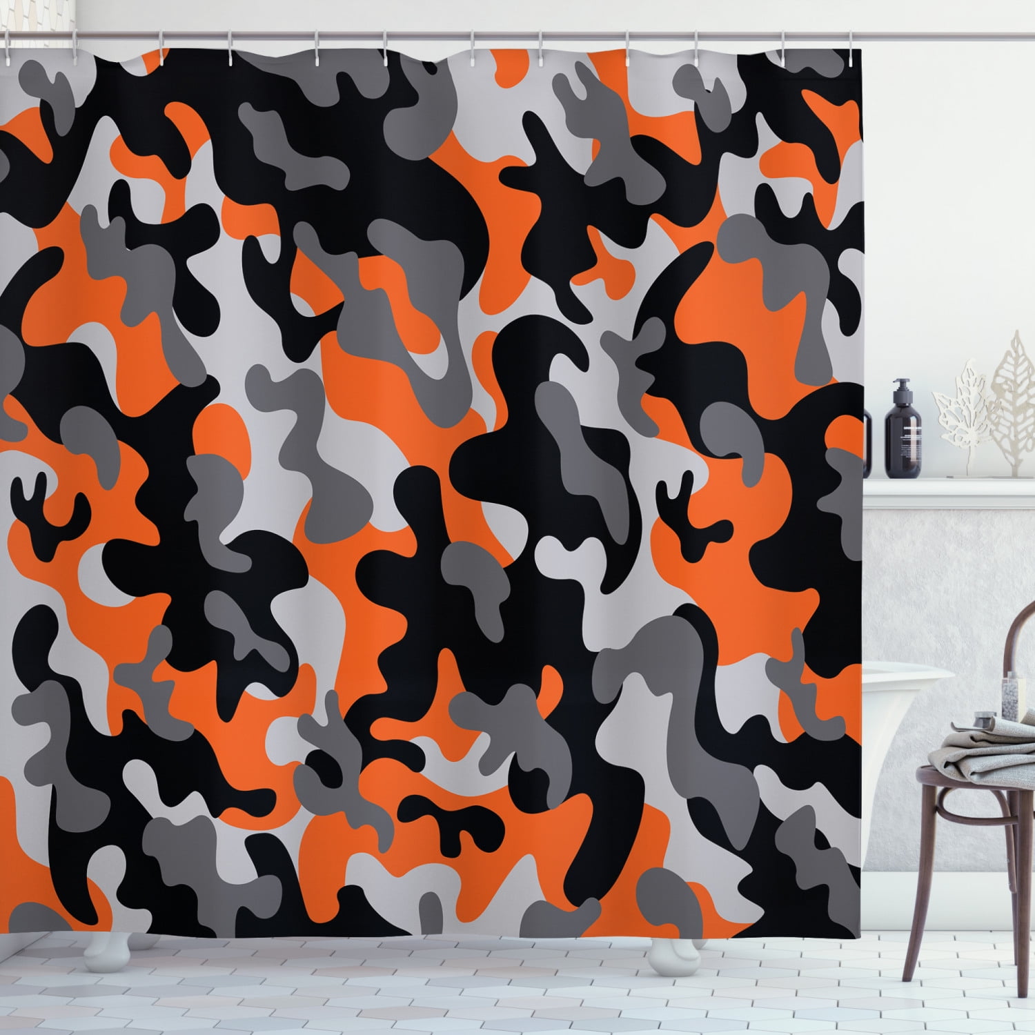 Black Camouflage Polyester Waterproof Bathroom Fabric Shower Curtain 12 Hook 