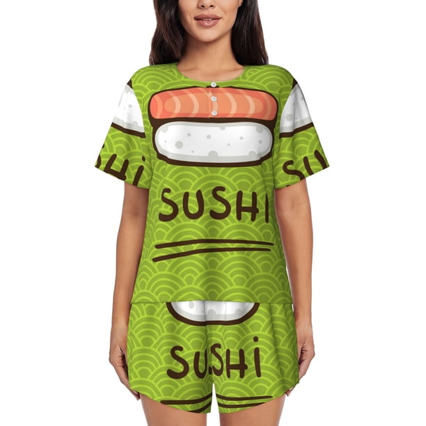 Balery Fresh Sushi Conjunto de Pijama para Mujer con Estampado, Dos Piezas de Manga Corta y Shorts, Ropa de Dormir Suave con Cuello Redondo y Bolsillos-Large