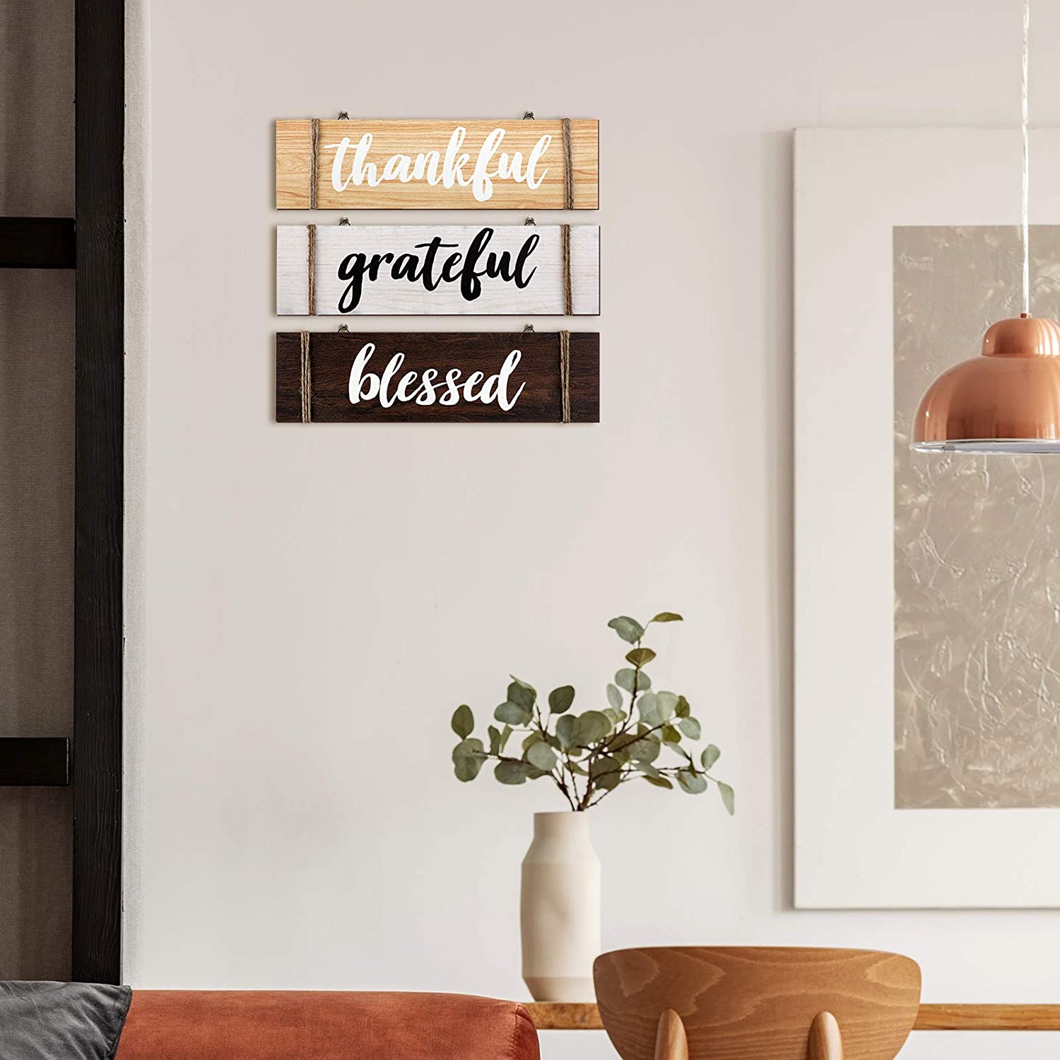 HTAIGUO Pieces Thankful Grateful Blessed Wood Sign Farmhouse Rustic  Wooden Quotes Home Wall Decor Thankful Grateful Blessed Hanging Wooden  Plaque for Farmhouse Entryway, 13.8 x 3.8 Inch