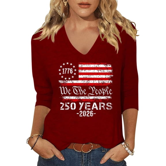 Fabrcox S-5XL 1776-2026 250 Anniversary USA T Shirt 3/4 Length Sleeve Flag Print Fourth of July Shirt Women Independence Day Celebration Freedom Patriotic Tunic Tops