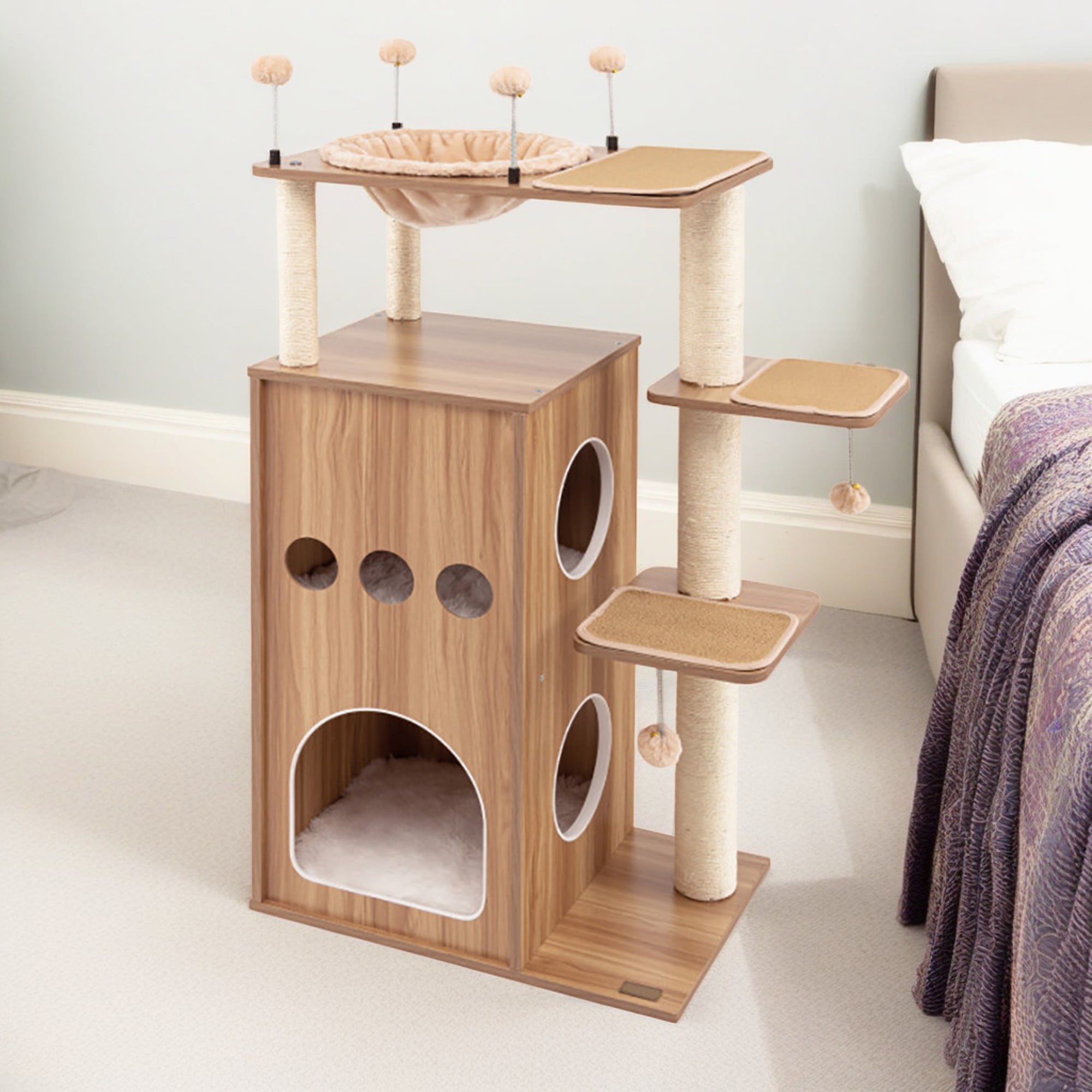 Kadyn 52" Wood Cat Tree Tower for Indoor Cats with Scratching Posts Washable Detachable Cushion, Teasing Balls, Modern Cat Condo Furniture for Large Cat, Beige