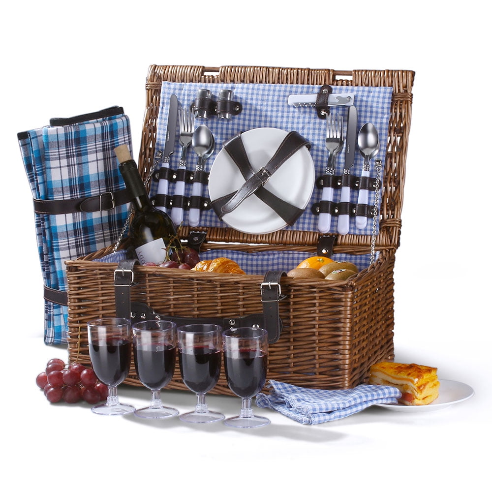 Outdoor Thanks Giving Willow Picnic Service Gift Set for Camping Chiristmas. Birthday Picnic Basket for 2，Picnic Set Hamper with Waterproof Picnic Blanket Valentine Day