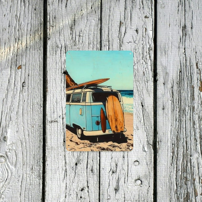 Retro Surf Buggy & Surfboard Metal Wall Art - 8x12 inch
