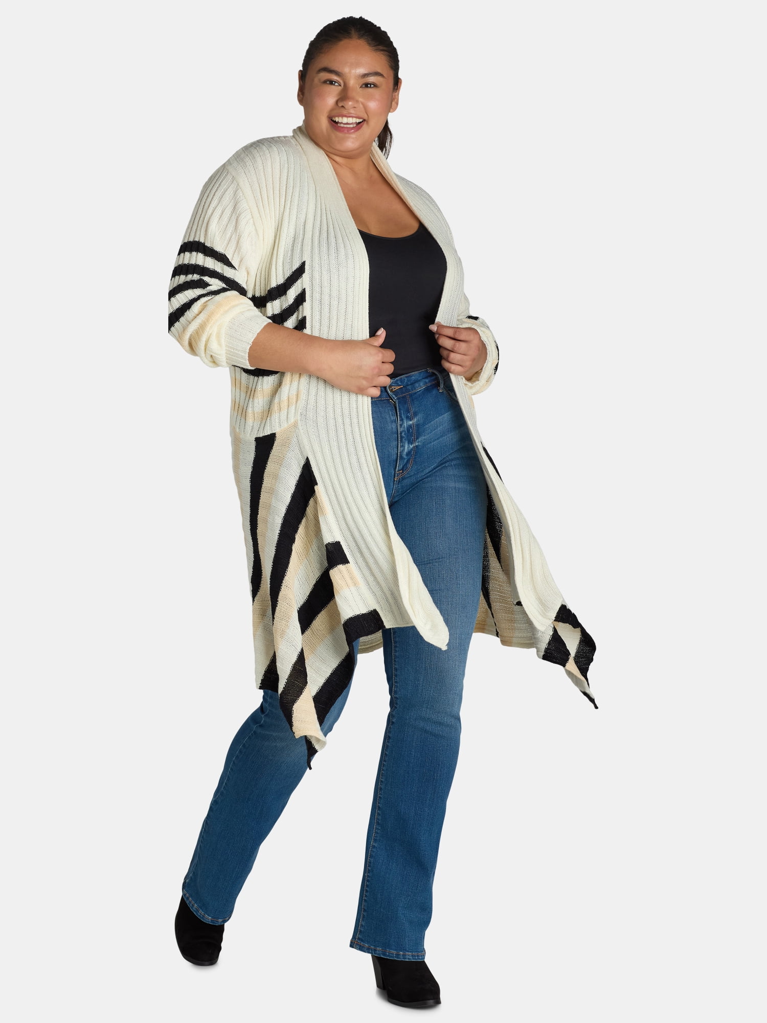 What's Next Women's and Women's Plus Striped Flyaway Cardigan Sweater, Midweight, Sizes XS-4X