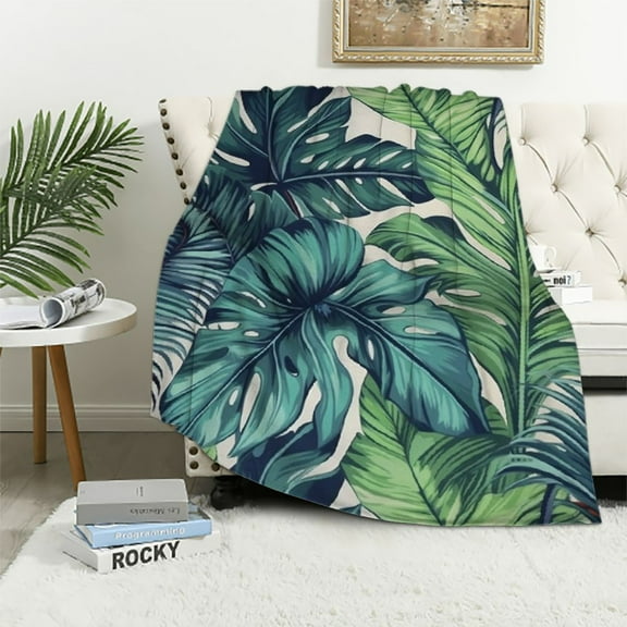 JRXY  Palm Leaves Throw Blanket Blue Jungle Exotic Plant Pattern Summer Cosy Throw Blanket for Bedroom Sofa Couch Car Deck Chair Soft Flannel White