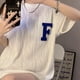 thumbnail image 5 of Camiseta de manga corta para mujer, cuello redondo, bordado de letras, elegante, versátil, suelta, media manga de verano, camiseta blanca M, 5 of 12