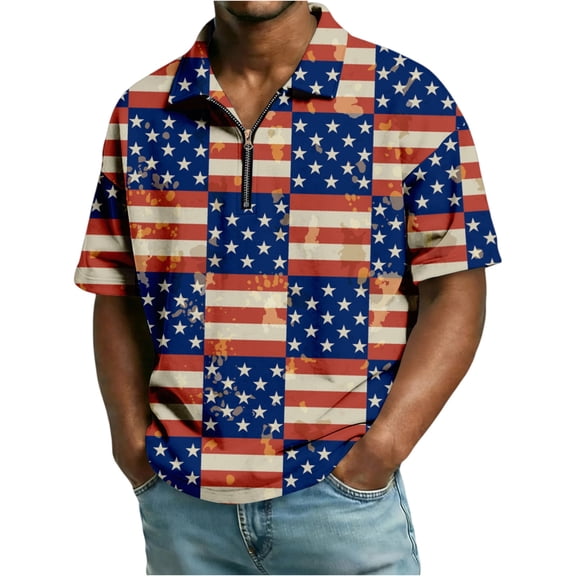Independence Day Shirts for Men 250 Anniversary Usa Patriotic Shirt Lapel Quarter Zip 1776 - 2026 T Shirts Short Sleeve Muscle Fit Usa Flag Tees Blue 2XL
