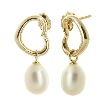 8 Carat 14k Solid Gold Open Heart Stud Earrings with Dangling Freshwater-cultured Pearls