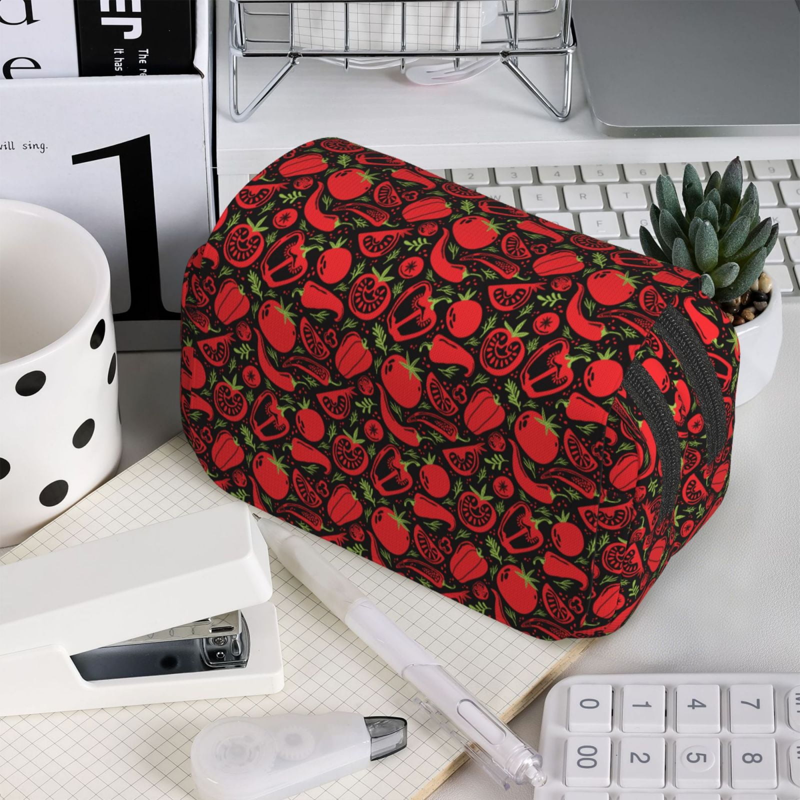 Rateoe Tomatoes And Chili Pattern Double Clamshell Pen Case, Storage Organizer with Two Zipper Compartments– Holds Up to 50 Pencils & Pens