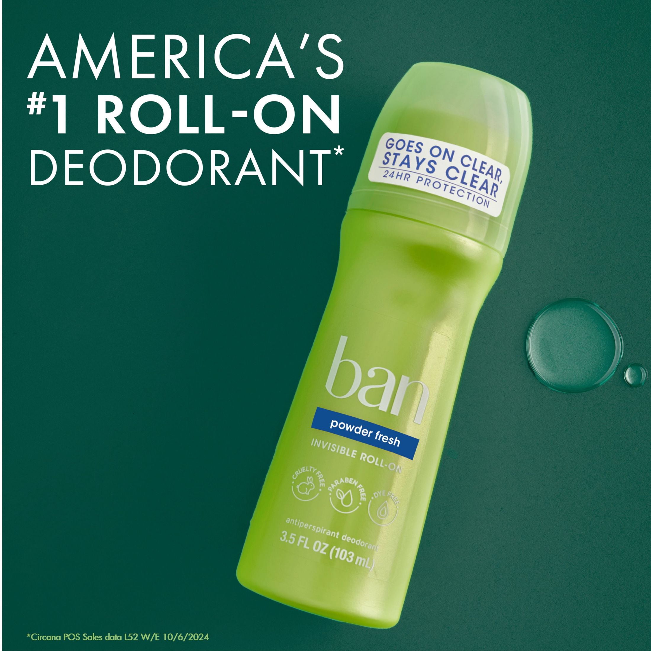 Ban Antiperspirant Deodorant Invisible Roll-On for Women and Men, Powder Fresh, 3.5 oz