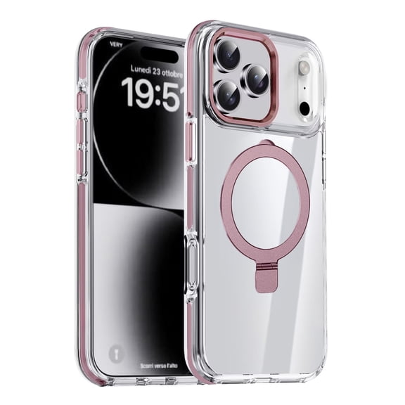 Magnetic Transparent Phone Case with Adjustable Stand for iPhone 17 Pro Max - Pink