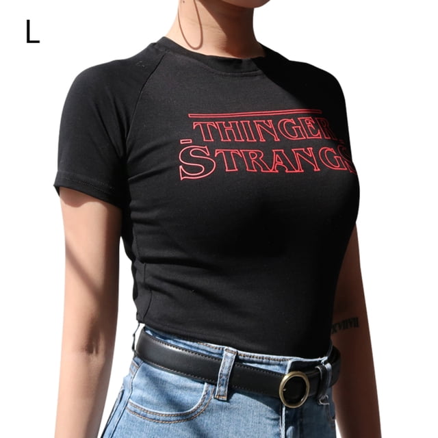 Camiseta de mujer Corta, delgada, cuello redondo, Top corto con letras impresas, Negro, L seitruly AP001464-06B